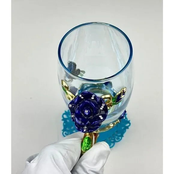 ARC of France Glass Tea Cup w/ Enamel Rose Flower Butterfly, Spoon & Doily BB144 - Picture 4 of 10